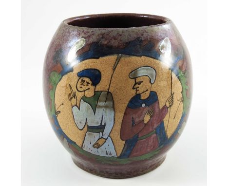 Louis Etienne Desmant, a French faience Bayeux Tapestry lustre vase, circa 1890, ovoid form, painted with two scenes from the