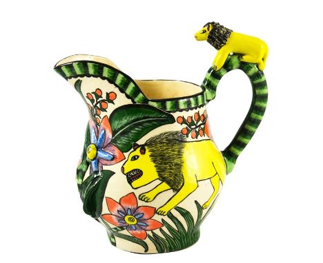 Ardmore Studio, a South African pottery jug, 2002, relief moulded and painted with lions and flowers, made by BP, painted by 