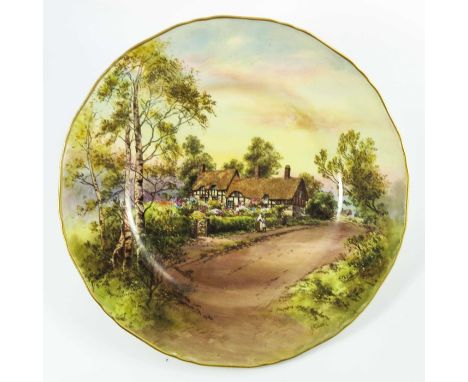 H. Sivad (Harry Davis) for Royal Worcester, a hand painted and gilded cabinet plate, 'Anne Hathaway's Cottage', signed, black