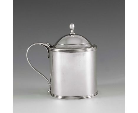 George Smith and Thomas Hayter, London 1799, a George III silver mustard pot, cylindrical form with domed lid and egg finial,