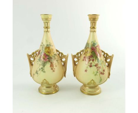 Royal Worcester a pair of blush vases, circa 1900, teardrop footed form, shape 982, painted floral sprays gilt trim, 17cm hig