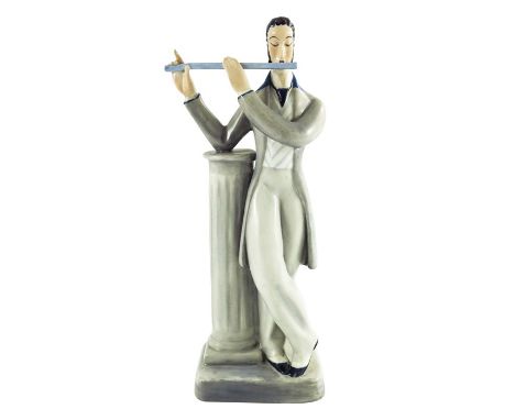 Ethelwyn Baker for Royal Worcester, the Flute Player, 1932, modelled as a man resting beside a column, grey and blue, puce ma