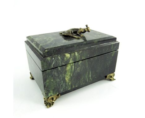 A nephrite stone jewellery box, rectangular form, on ogee bracket feet, hinged lid decorated with gilt metal crawling lizard,