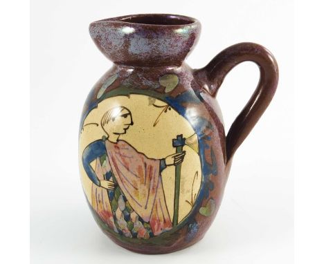 Louis Etienne Desmant, a French faience Bayeux Tapestry lustre jug, circa 1890, ovoid form with flared neck, painted with Wid