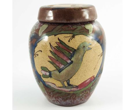 Louis Etienne Desmant, a French faience Bayeux Tapestry lustre ginger jar and cover, circa 1890, shouldered form, painted wit