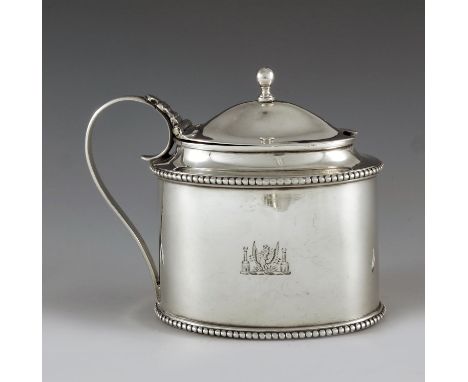 Edward Capper, London 1795, a George III silver mustard pot of plain oval form with beaded borders, the domed hinged lid with