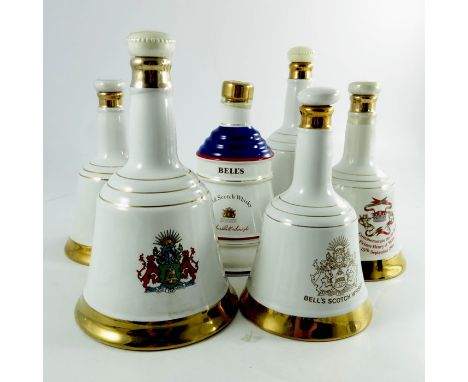 Bells Royal Commemorative Scotch whisky, a group of six variously sized ceramic decanters, commemorating the births of Prince