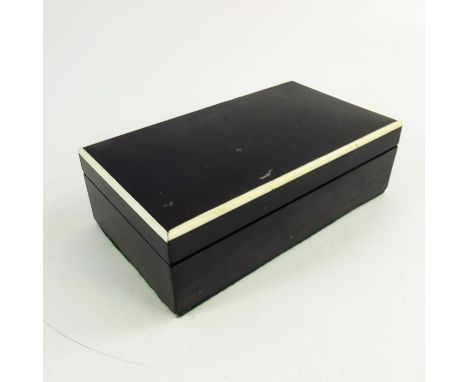 An Art Deco ebony and bone strung box, cuboid form, boxwood lined, 18cm wide, 6cm high, 10.5cm deep