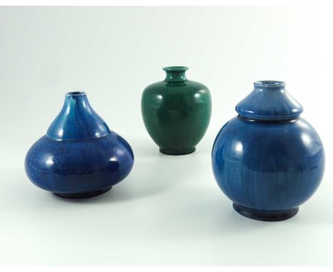 Pilkington, three Royal Lancastrian vases, 1906 to 1909, including double gourd shouldered vase in blue opalescent curdled gl