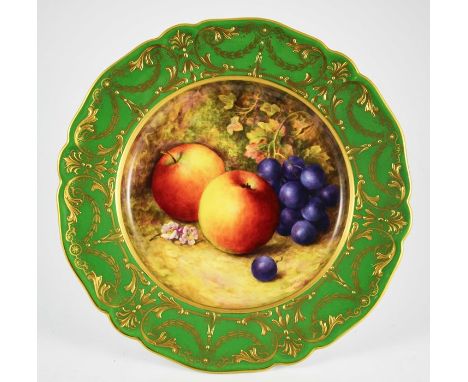 R. Sebright for Royal Worcester, a dessert plate, 1935, painted with fruit, flowers and foliage within a gadrooned ogee gilt 