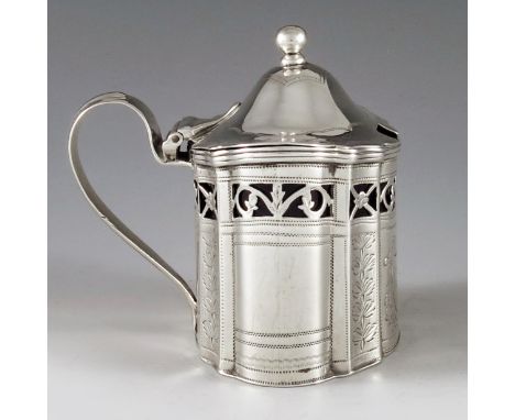 Urquart &amp; Hart, London 1797, a George III octagonal mustard pot of navette form, the pierced border with leaf and scroll 