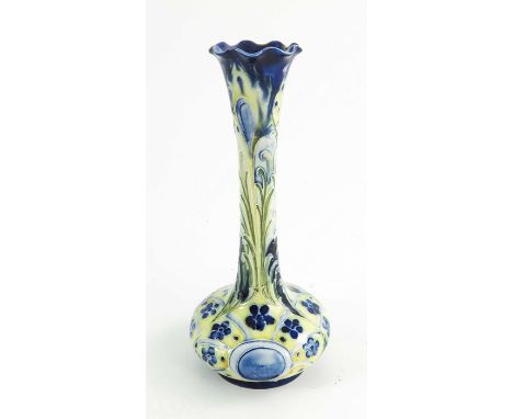 William Moorcroft for MacIntyre, peacock Florian vase, circa 1900, tall frilled top form, printed marks, painted green signia