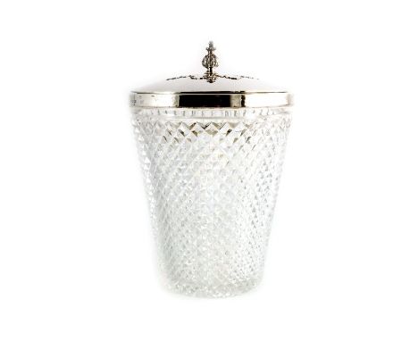 Asprey and Co., a large Elizabeth II silver mounted cut glass ice bucket and lid, London 1972, the hobnail cut conical body w