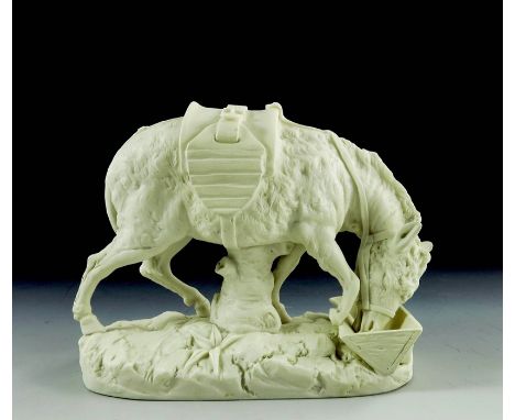 A Royal Worcester Parian Model of an Oxon drinking at a trough, mounted on a naturalistic base, impressed marks to the base, 