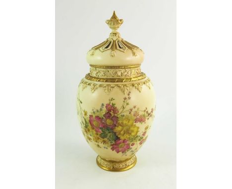 A Royal Worcester blush ivory ground ovoid pot pourri jar and cover, complete with inner cover and domed and pierced out cove