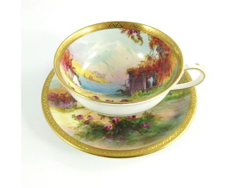 G H Evans for Royal Worcester, Italian lake scene painted cup and saucer, 1936, 5.5cm high