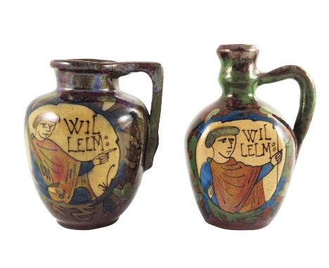 Louis Etienne Desmant, two French faience Bayeux Tapestry lustre jugs, circa 1890, shouldered form, one as a knopped neck fla