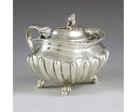 Joseph Biggs (attributed), London 1820, a George III silver mustard pot, ovoid shouldered form with everted rim, half reeded 