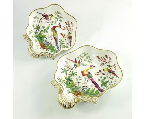 A pair of Worcester strawberry dishes, 18th century, painted with exotic birds, lobed with shell moulded handles, 24cm long (
