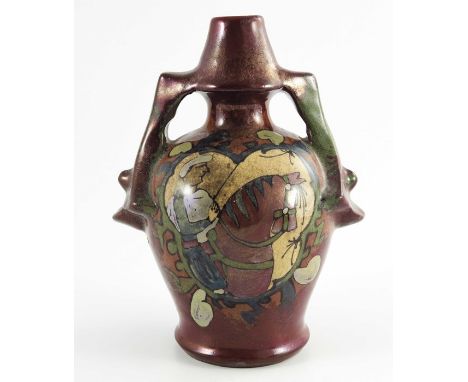 Louis Etienne Desmant, a French faience Bayeux Tapestry lustre vase, circa 1890, twin handled double gourd form, relief mould