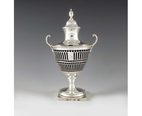 Burrage Davenport, London 1778, a George III silver vase shape mustard pot, reticulated pierced form, beaded border, c shaped