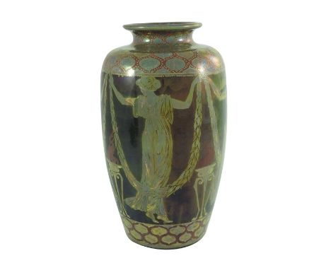 Walter Crane and Richard Joyce for Pilkington, a Royal Lancastrian lustre 'Figures Ogee' vase, circa 1920, shouldered form, p