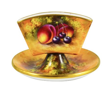 A Royal Worcester Cigarette Holder, 1931, hand painted and gilded, decorated with fruit on a naturalistic ground, unsigned, p
