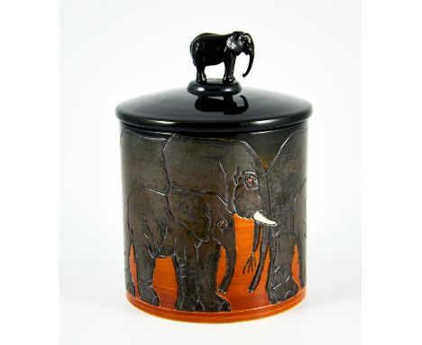 Sally Tuffin for Dennis China Works, an Elephant pot and cover, circa 2003, cylindrical form, incised decoration, realistical