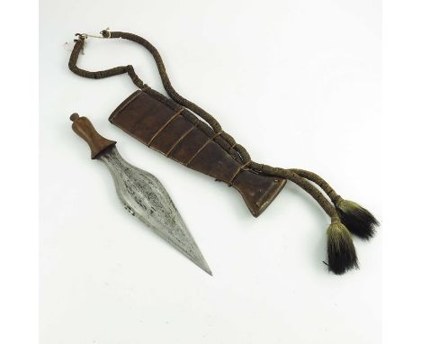 A Congolese ritual knife, Luba or Baluba, leaf-shaped blade and wooden hilt in a two piece wooden scabbard with lion hair tas