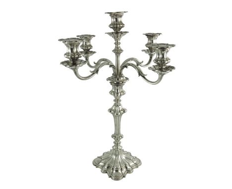 A Victorian silver plated four branch, five light candelabrum, Elkington and Co., 1867, lobed and fluted ogee baluster form, 