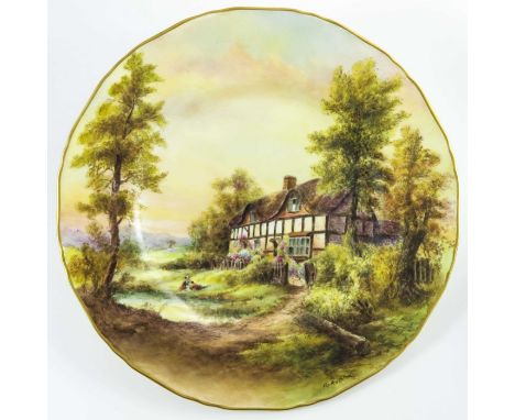 R. Rushton for Royal Worcester a hand painted and gilded cabinet plate, 'Elmley', signed, blue printed factory mark, 27cm dia