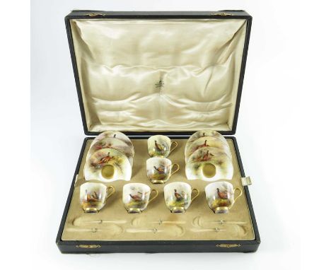 James Stinton for Royal Worcester, a boxed set of six Pheasant painted cups and saucers, 1926, each decorated with game birds