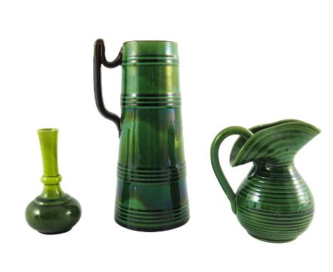 After Christopher Dresser, majolica glazed art pottery including Watcombe conical jug, Aller Vale gourd jug and Bretby globe 