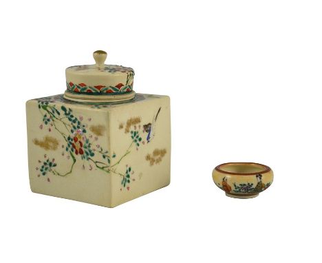 A Japanese Satsuma tea caddy, together with a miniature bowl, the caddy of cuboid form, enamelled with flowering plants and b