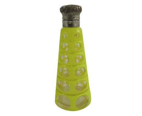 A white metal mounted yellow over colourless cased glass scent bottle, 19th century, probably Bohemian, ribbed conical form, 