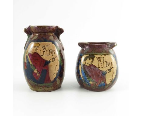 Louis Etienne Desmant, two French faience Bayeux Tapestry lustre vases, circa 1890, twin handled shouldered form, each painte