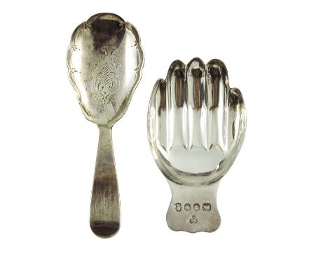 A George III silver caddy spoon and another, Thomas Wilkes Barker, London 1814, bright cut and scallop edged bowl, the other 