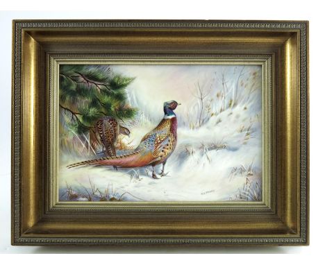 M.E. Morris, a painted porcelain plaque pheasants in the snow, signed, 16.5cm x 24.5cm, framed, note: Royal Worcester artist