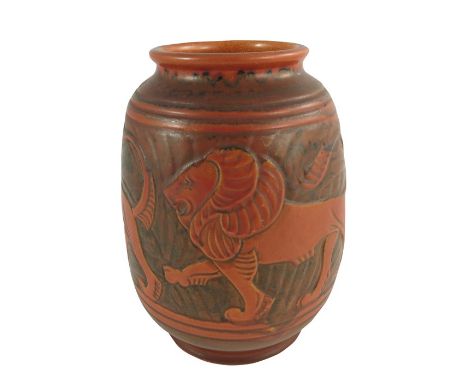 Richard Joyce for Pilkington, a Royal Lancastrian vase, circa 1935, shouldered ovoid form, relief moulded with lions, orange 