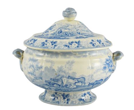 A Staffordshire Blue and White Tureen and Cover, transfer printed 'Cows' pattern, circa 1830-40, the oval tureen with scroll 