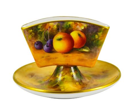 A. Shuck for Royal Worcester, a hand painted and gilded cigarette holder, 1934, decorated with fruit on a naturalistic ground