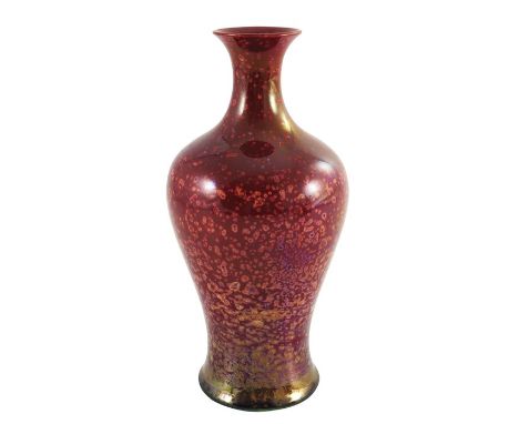 Pilkington, a Royal Lancastrian mottled ruby lustre vase, 1910, inverse baluster form with elongated flared neck, speckled ir