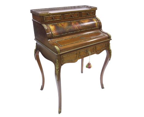 A Louis XV style rosewood by Bonheur du jour, brass plaque dated 1902, ormolu mounted and set with an oil on board, the singl