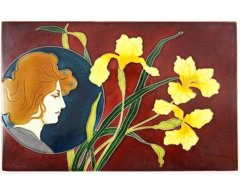 Carl Sigmund Luber for Johann von Schwarz, a Jugendstil tubelined plaque, circa 1896, in the Art Nouveau style, irises and a 