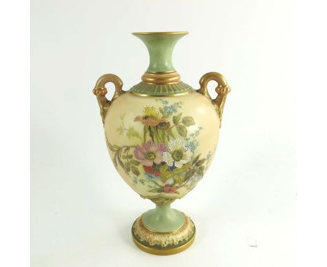 Two Royal Worcester blush vases, circa 1900, larger bulbous pedestal form, shape 2160, other baluster pedestal, shape 2012, b