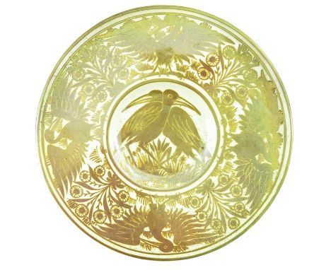 William De Morgan, a lustre dish, circa 1872-1882, painted with storks within a border of alternating stylised flowering plan