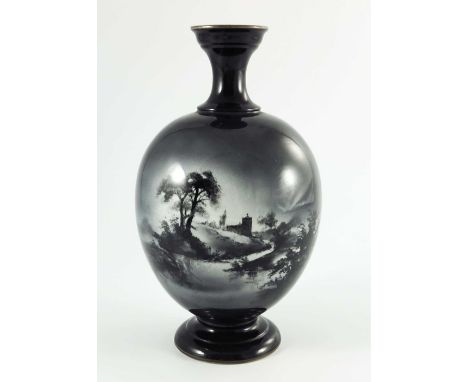 R. Rushton for Royal Worcester, a monochrome painted vase of ovoid form with painted rim and foot, the body decorated with pa