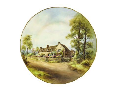 Harry Davis for Royal Worcester, a hand painted and gilded cabinet plate, 'Mary Arden's House', signed, grey backstamp, 27cm 