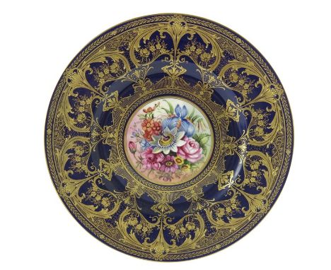 Freeman for Royal Worcester Cabinet Plate, hand painted centrally with floral motifs including passion flowers and roses, wit