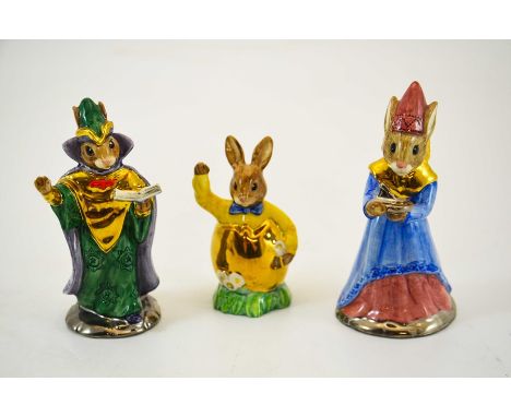 A group of Three Royal Doulton Bunnykins, Easter Greetings, Mystic Wizard and Sundial all prototype with gold and silver high